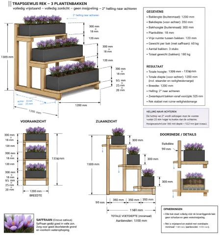 Recht trapsgewijs plantenrek voor 3 bakken.